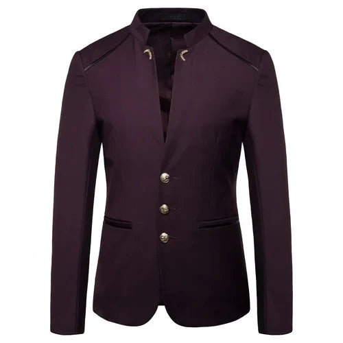 Men's Black Stand Up Collar Blazer Coat, Wedding Party Dress Jacket, Asia Sizes Slim-Fit Single Breasted Jaqueta, Blue Red Tops.