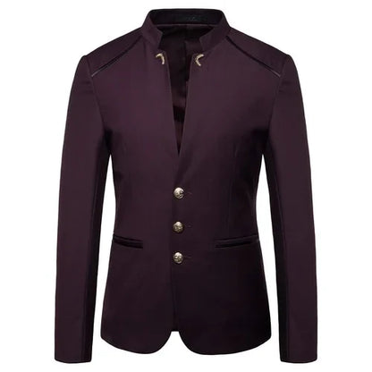 Men's Black Stand Up Collar Blazer Coat, Wedding Party Dress Jacket, Asia Sizes Slim-Fit Single Breasted Jaqueta, Blue Red Tops.