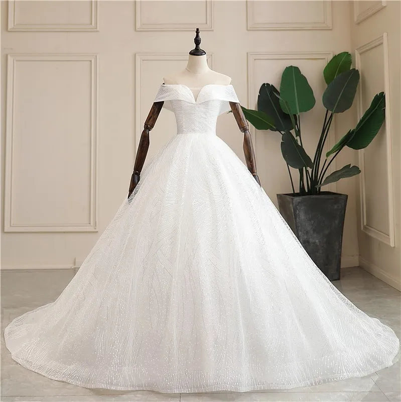 Cheap Wedding Dress Shiny Wedding Dress Classic Boat Neck Bridal Party Gown Vestido De Noiva Robe De Mariee Customized