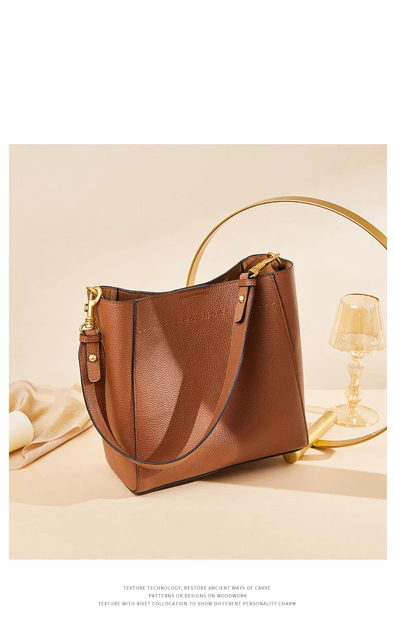 New Genuine Leather Casual Shopper Shoulder Bag Commuter Large Bucket Handbag Simple High Quality Women Tote Underarm Bags