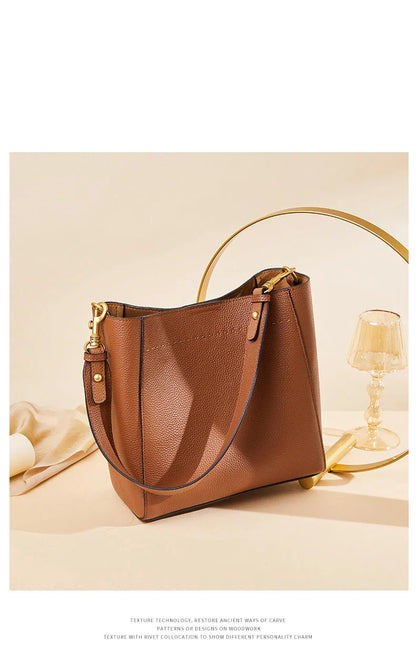 New Genuine Leather Casual Shopper Shoulder Bag Commuter Large Bucket Handbag Simple High Quality Women Tote Underarm Bags