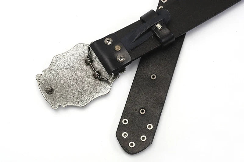 3.8CM Real Genuine Leather Vintage Metal Skull Punk Men Jeans Belt Stud Cowboy Strap Cinturon Ceinture Homme Riem Belts