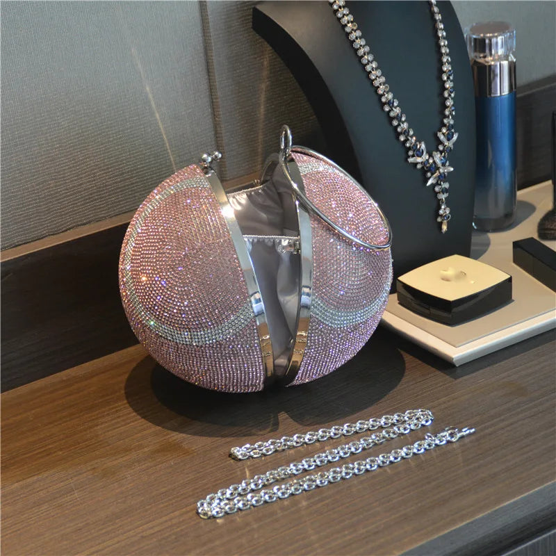 Lady Yellow Pink Black Diamond Day Clutches Rhinestone Pearl Evening Bag Circular Shaped Chain Shoulder Handbags For Party Purse