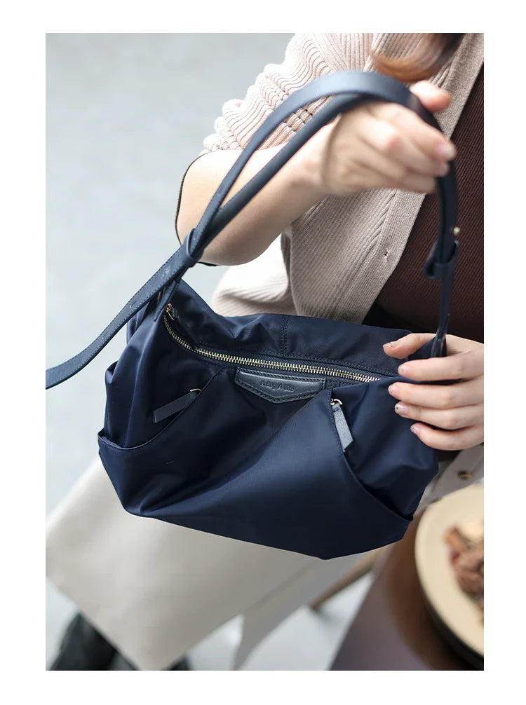 Lightweight Nylon Matching Genuine Leather Crossbody Bag High Quality Single Shoulder Bags Fashion Pleated Messenger Purses