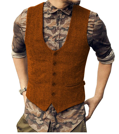 2022 Brown Men's Casual Herringbone Pattern Suit Vest Wool/Tweed Suit Vest U-neck Waistcoat Groomsmen For Wedding