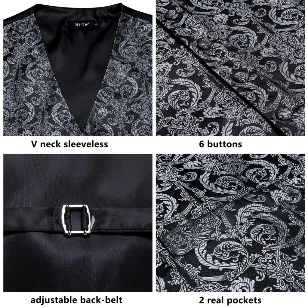 Silk Mens Vests Sleeveless Waist Jacket Jacquard Black Orange Floral Waistcoat Tie Hanky Cufflinks Set for Men Casual XXL