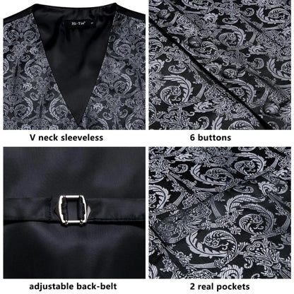 Silk Mens Vests Sleeveless Waist Jacket Jacquard Black Orange Floral Waistcoat Tie Hanky Cufflinks Set for Men Casual XXL