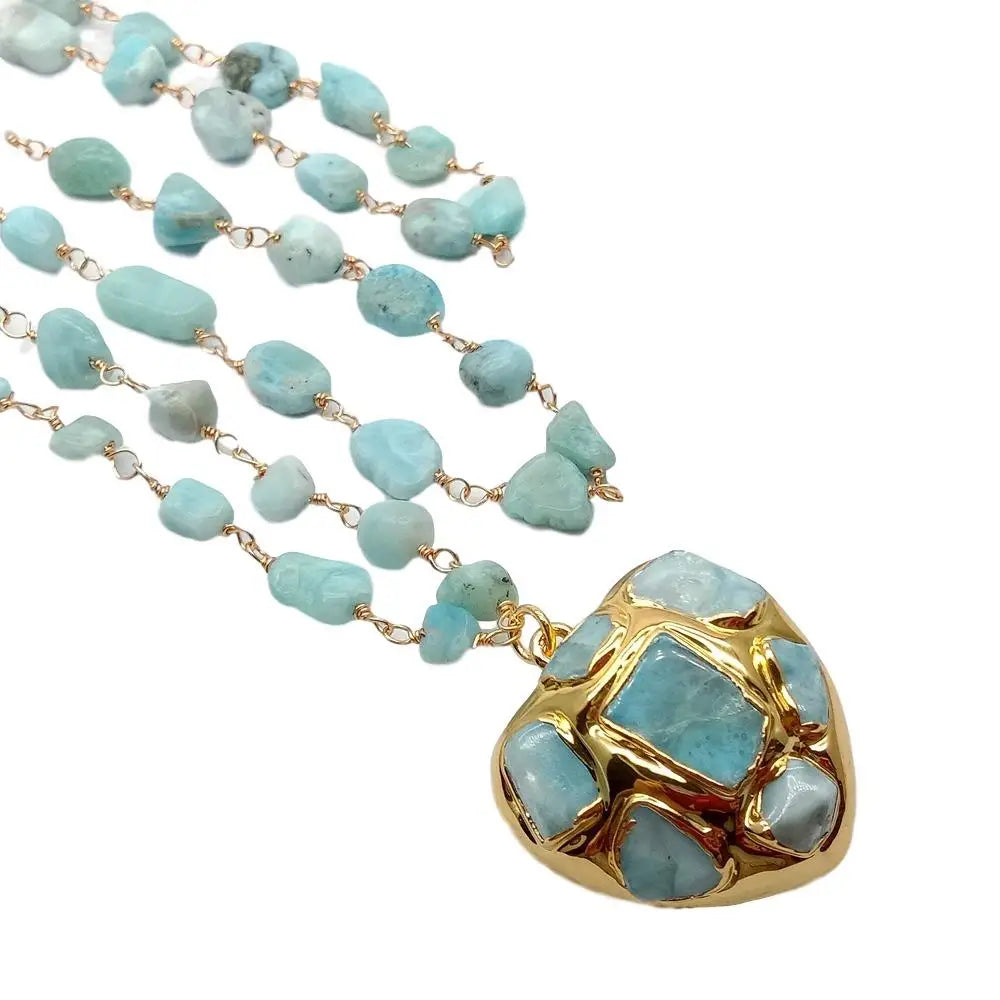 YYGEM 3 Strands Natural Blue Larimar Rosary Chain Necklace Heart-Shaped Larimar Pendant Statement Necklace for Women 18''