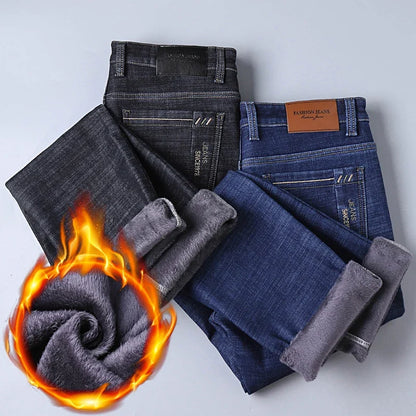 2024 New Jeans Brand Autumn Winter Jeans Warm Flocking Warm Soft Men Activities Warm Fleece Men Jeans Black Blue  Colors