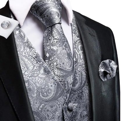 Navy Blue Mens Vest Formal Paisley Waistcoat Jacket Tie Handkerchief Cufflinks Set For Male Dress Suit Wedding Party