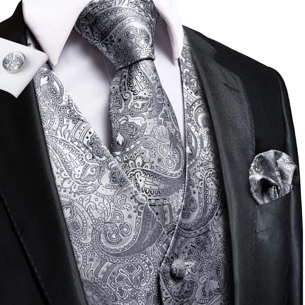 Fashion Silk Vest For Men Classic Gold Champane Yellow Waistcoat Jacket Tie Hankerchief Cufflinks Sets Dress Suit Wedding Hi-Tie