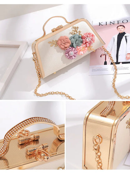 Evening Bags Women Clutch Bag High-end Leather Evening Wedding Bridal Handbag Pearl Flower Fashion Chain Party Packs