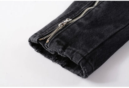 Men's Zippers Black Biker Jean Jacket Streetwear Thick Denim Slim Coat with Belt High Quality