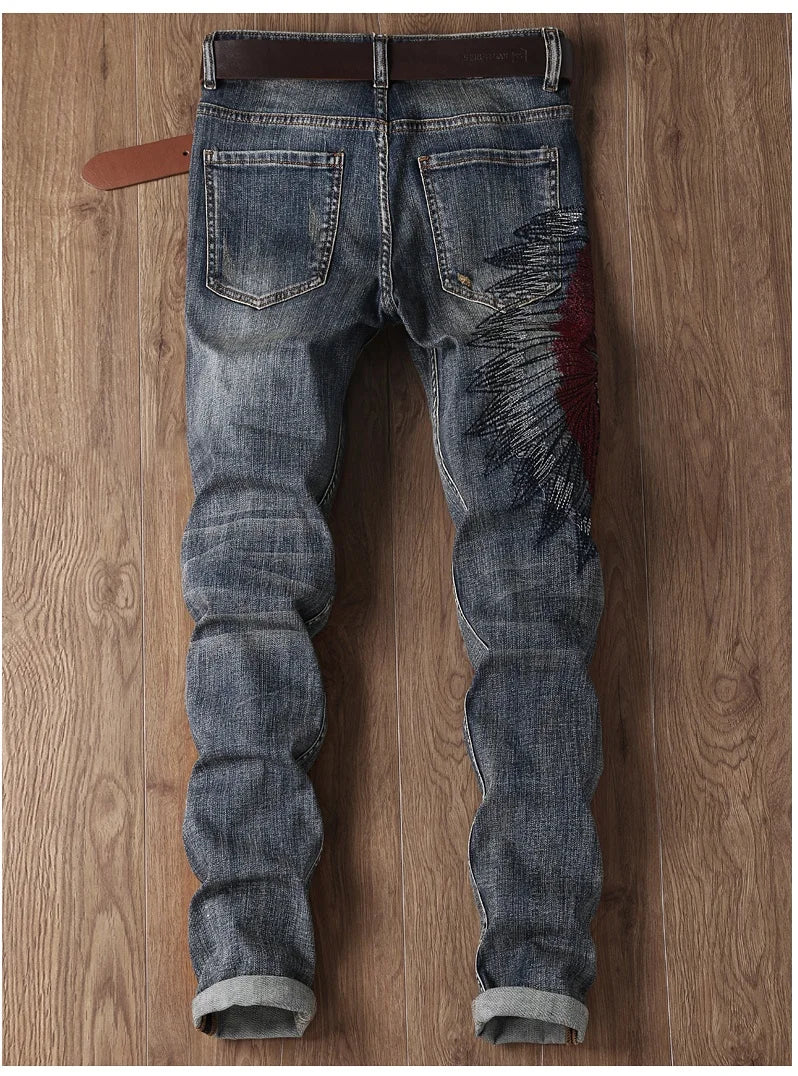 Indian Avatar Embroidered Jeans Men Scratch Long Cracks High Street Pants Soft Red Ears Blue Grey Slim 2020 Western Style