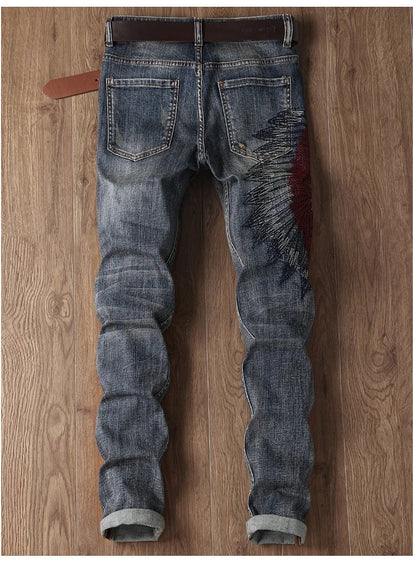 Indian Avatar Embroidered Jeans Men Scratch Long Cracks High Street Pants Soft Red Ears Blue Grey Slim 2020 Western Style
