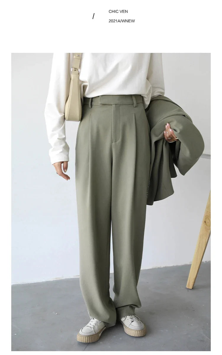 Simple Casual Women Twill Suit Pants Wide Leg Pants Straight Floor Pants Office Ladies Female Trousers