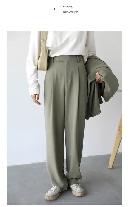 Simple Casual Women Twill Suit Pants Wide Leg Pants Straight Floor Pants Office Ladies Female Trousers