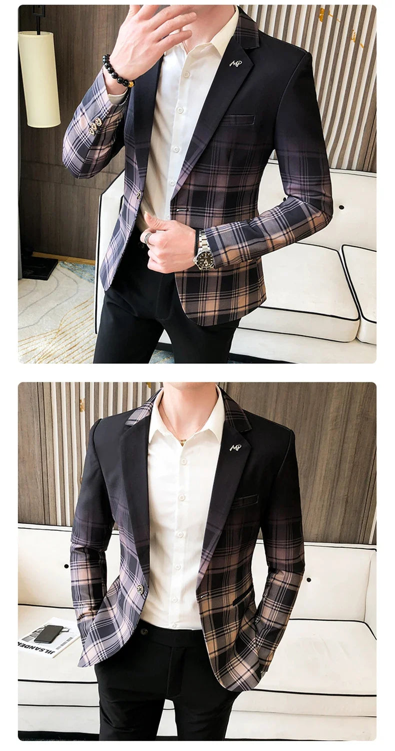 2022 Spring New Colorblock Plaid Blazer Men Slim Casual Man Blazers Wedding Business Party Clothing Dress Coat Blazer M-3XL