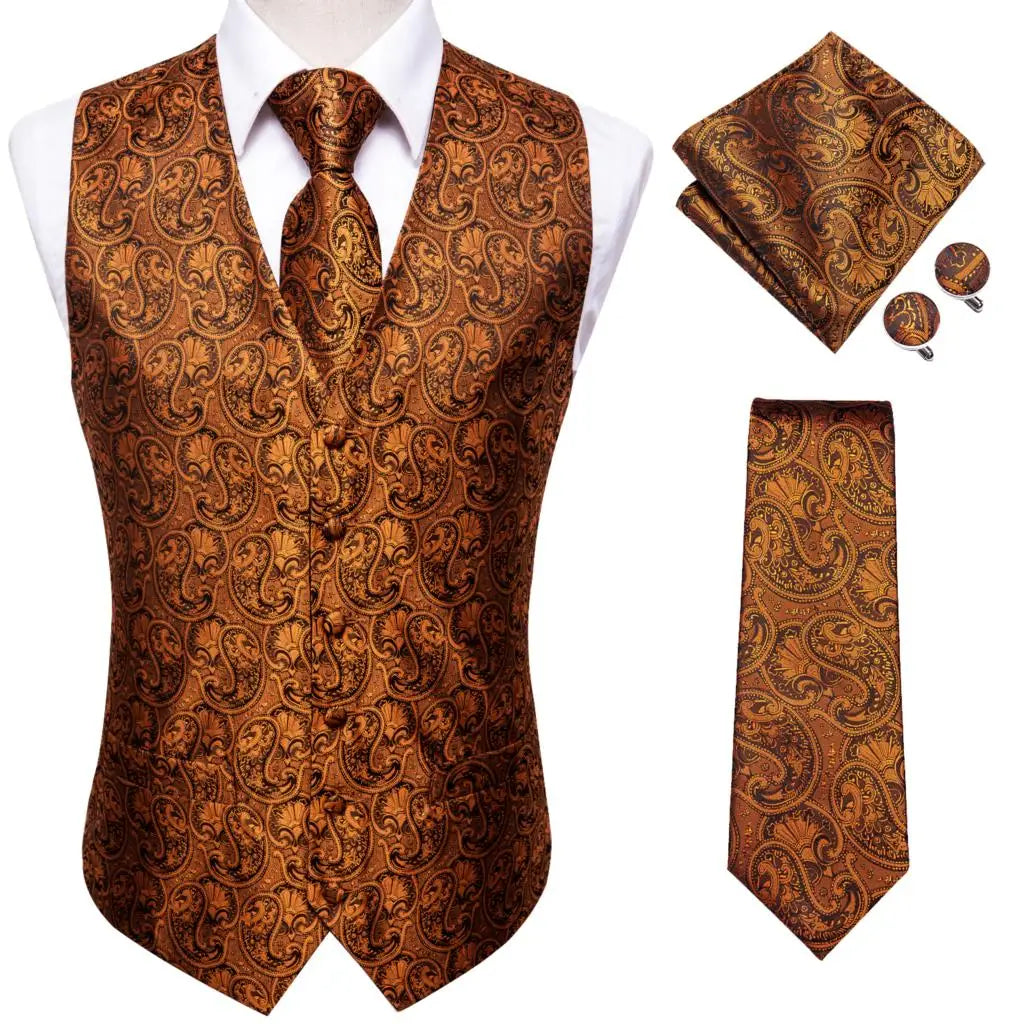 Navy Blue Mens Vest Formal Paisley Waistcoat Jacket Tie Handkerchief Cufflinks Set For Male Dress Suit Wedding Party