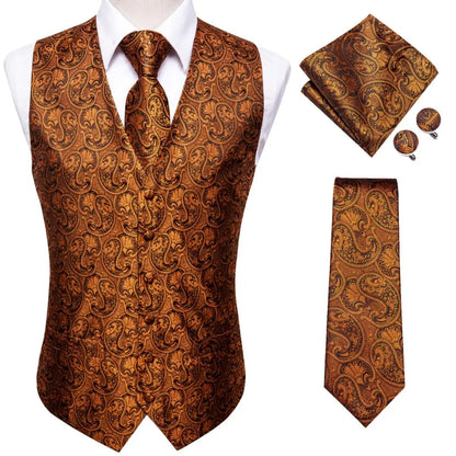 Luxury Gold Black Mens Vests Print Jacquard Waistcoat Tie Hanky Cufflinks Brooch Set for Men Wedding Formal Business Hi-Tie