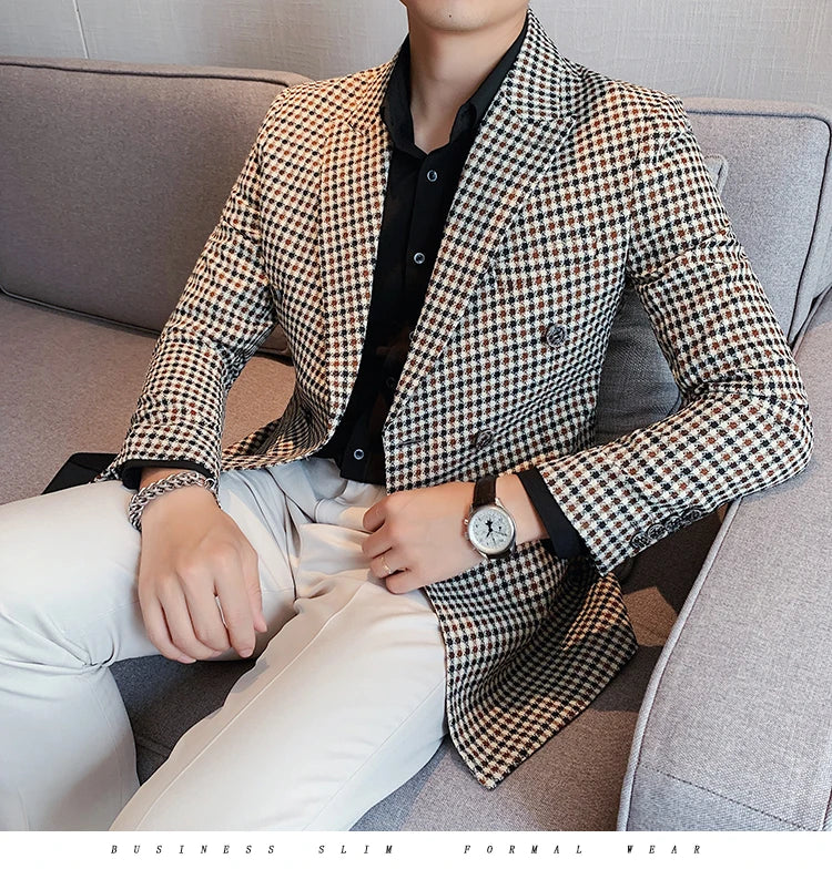 British Style Slim Fit Houndstooth Blazer For Men 2023 Fashion Double Breasted Business Office Wedding Dress Suit Jacket