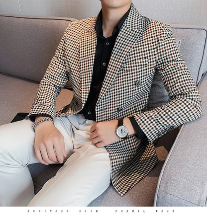 British Style Slim Fit Houndstooth Blazer For Men 2023 Fashion Double Breasted Business Office Wedding Dress Suit Jacket