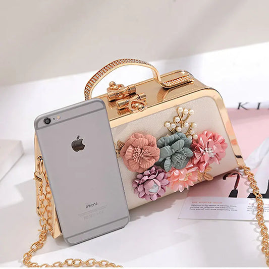 Evening Bags Women Clutch Bag High-end Leather Evening Wedding Bridal Handbag Pearl Flower Fashion Chain Party Packs