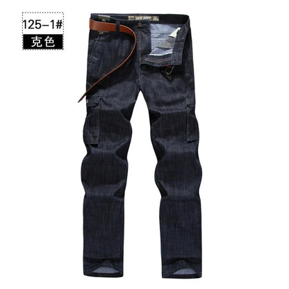 Mens Jeans Cargo Denim Pants Regular Loose Fit Multi Pockets Classic Washed Military Wear Big Size 38 40 42 V7A1J012