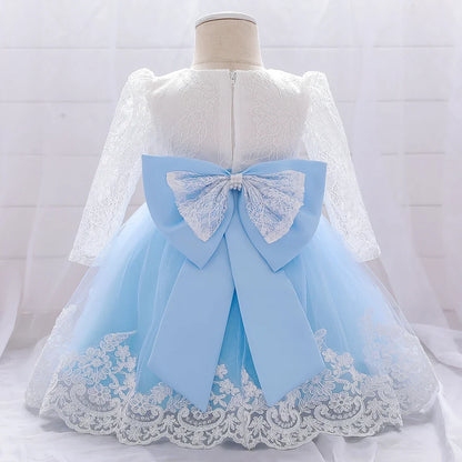 Long Sleeve Baby Girls Dress Newborn White Baptism Tulle Party Wedding 1st Birthday Princess Dresses Infant Girls Bow Prom Gown