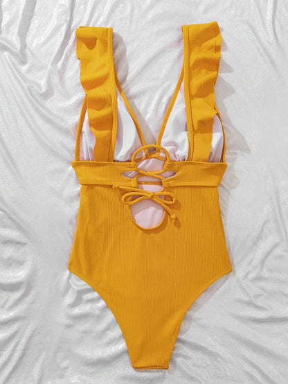 Sexy Ruffle Swimwear Women`s 2025 Deep V One Piece Swimsuit Female Bathing Suit Woman Bodysuit Swimming for Beach Wear Monokini