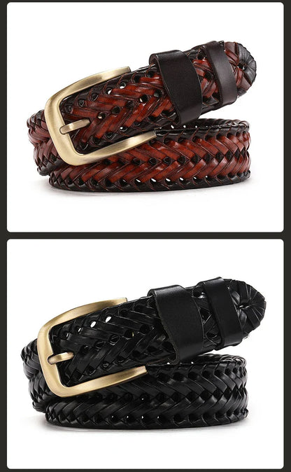 Men Genuine Leather Braided Belts Webbing High Quality Hand Vintage Belts for Men Gold Pin Buckle Casual for Jeans Strap HQ212