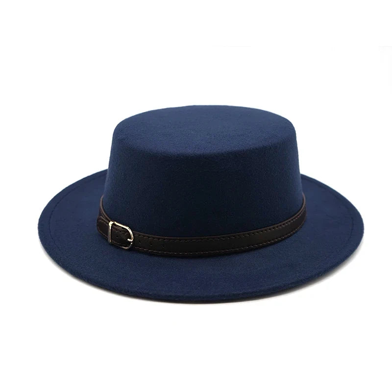 New Retro Winter Autumn women men Top hat Imitation Woolen Felt Fedora Hats Belt buckle Decorated ladies Boater Hat flat brim