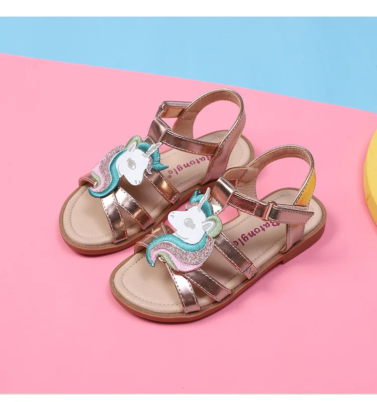 Unicorn girls sandals bright metallic kids girls sandals Adjustable customized fit princess summer shoes
