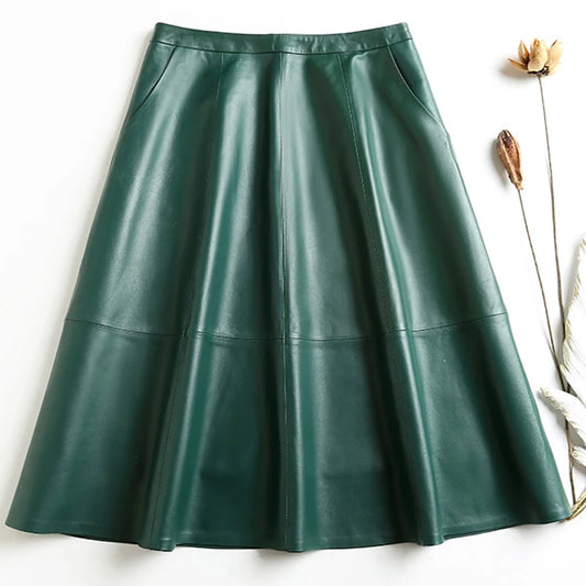 تنورة جلد طبيعي نسائية شتوية عتيقة بقصة A وكسرات رفيعة، لون أحمر خمري/أسود، طول 65 سم، تنورة نسائية كاجوال أنيقة