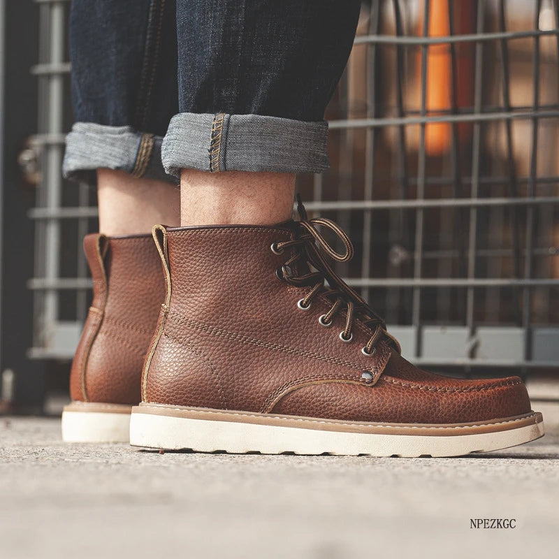 Handmade Men Boots Vintage Casual Autumn Winter Cow Leather Shoes British Ankle Boots Wings Motorcycle Boots Zapatos Hombre