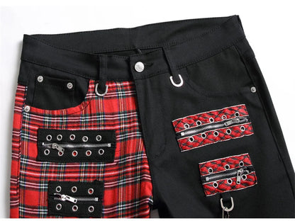 Men Punk Jeans Trendy Scotland Plaid Tartan Black Denim Pants Streetwear Rivet Patchwork Spliced Slim Straight Trousers