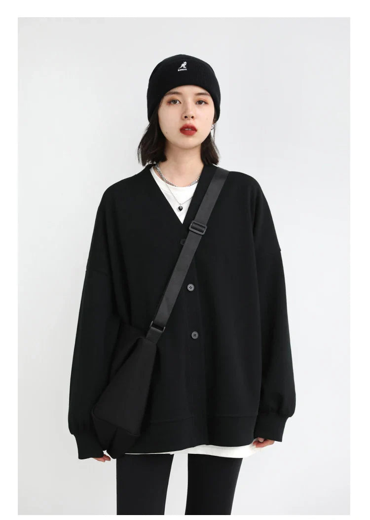 Korean Autumn Winter Women's Sports Coat Casual Loose V-neck Sweatshirt for Women Thick Warm Tops Office Lady Female