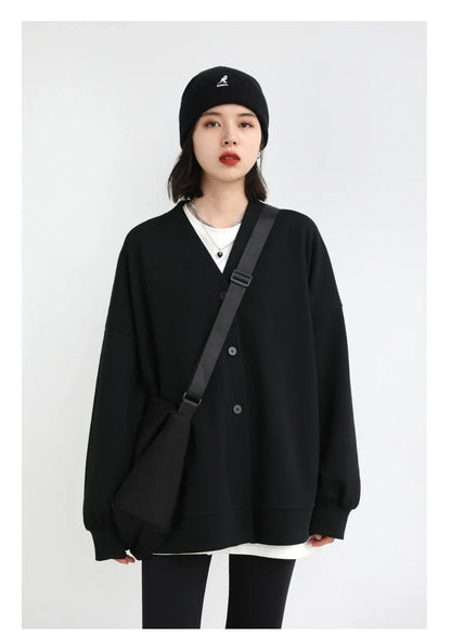 Korean Autumn Winter Women's Sports Coat Casual Loose V-neck Sweatshirt for Women Thick Warm Tops Office Lady Female