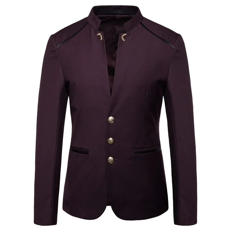 Men's Black Stand Up Collar Blazer Coat, Wedding Party Dress Jacket, Asia Sizes Slim-Fit Single Breasted Jaqueta, Blue Red Tops.