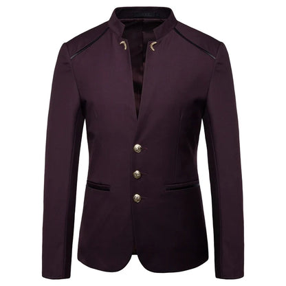 Men's Black Stand Up Collar Blazer Coat, Wedding Party Dress Jacket, Asia Sizes Slim-Fit Single Breasted Jaqueta, Blue Red Tops.