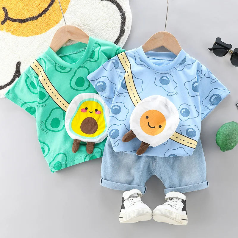New Toddler Boys Fashion Casual Clothes Outfits 0-5years Baby Girls Print T-shirt with Cartoon Bag+Denim Shorts Summer Clothing