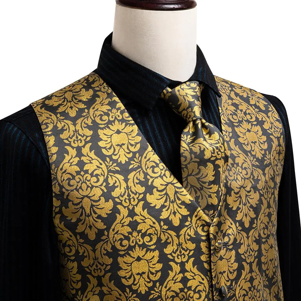 Fashion Silk Vest For Men Classic Gold Champane Yellow Waistcoat Jacket Tie Hankerchief Cufflinks Sets Dress Suit Wedding Hi-Tie