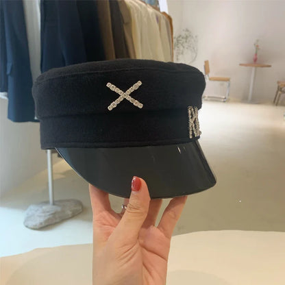New Women Hats Crystal baker boy hat Wool Newsboy Caps Female Flat Militray Caps Visor S-XL