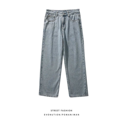 Korean Fashion Men's Baggy Jeans Classic All-match Solid Color Straight-leg Denim Wide-leg Pants Male Light Blue Grey Black