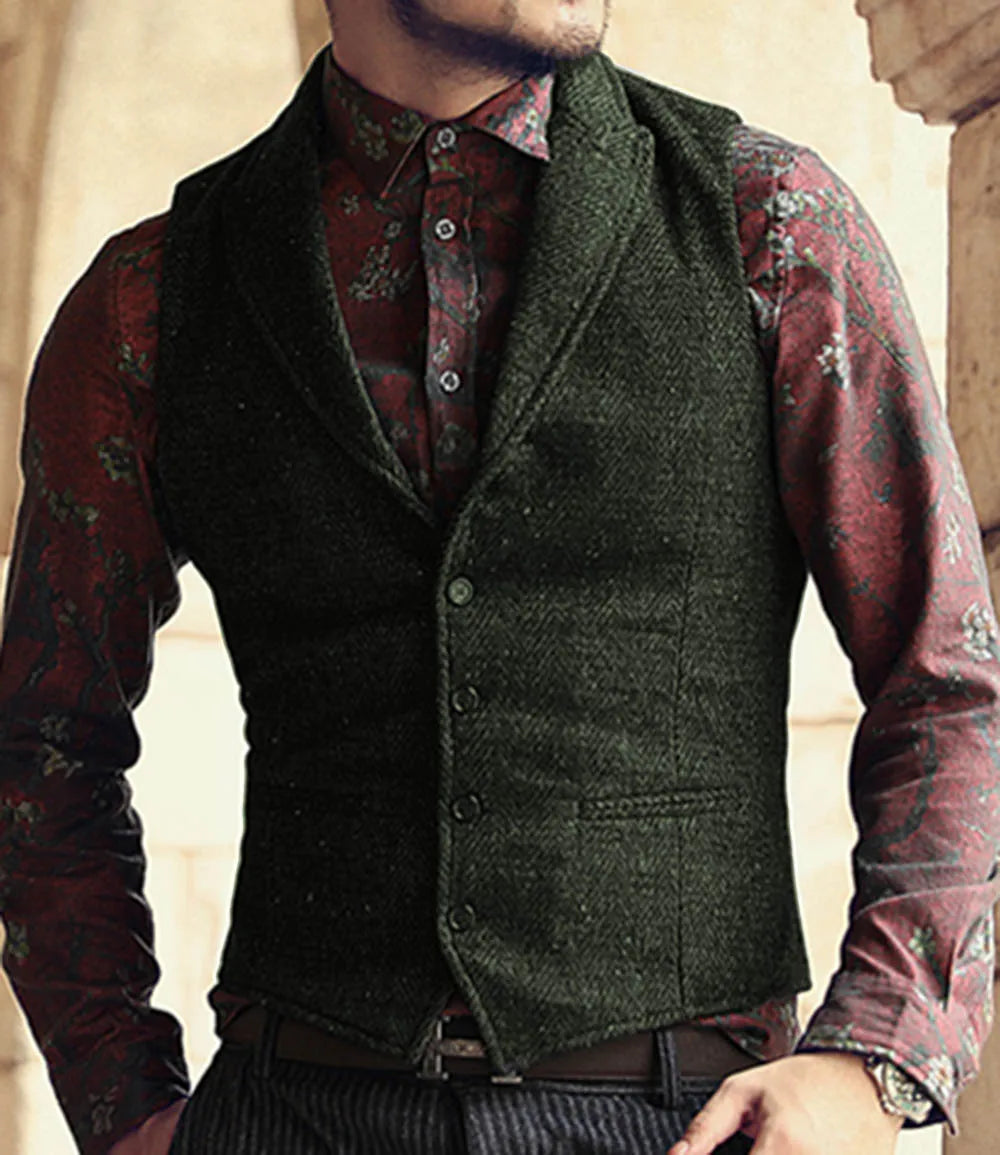 Men's Classic Suit Vest Herringbone Pattern Business Waistcoat Notch Lapel Wool Tweed Groomsmen Waistcoat For Wedding