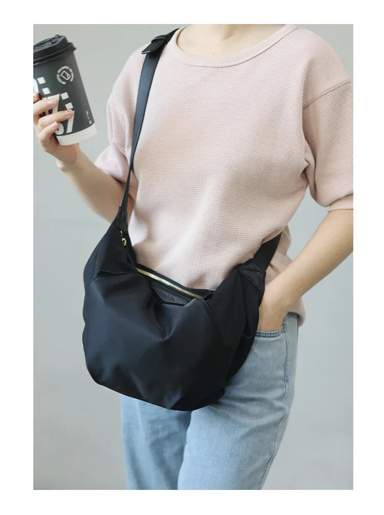 Lightweight Nylon Matching Genuine Leather Crossbody Bag High Quality Single Shoulder Bags Fashion Pleated Messenger Purses