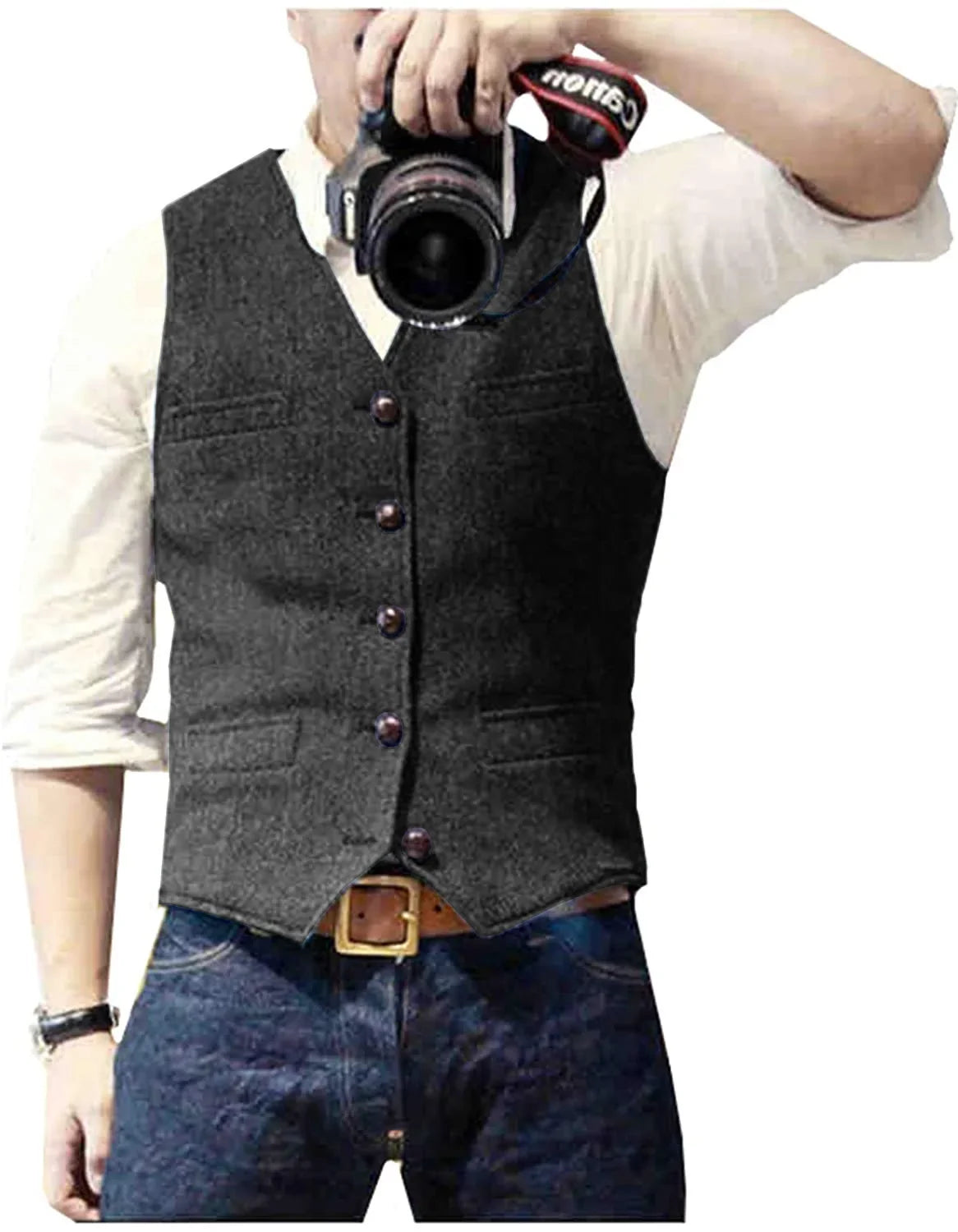Men's Casual Classic Suit Vest V Neck Herringbone Tweed Slim Fit Business Waistcoat For Wedding
