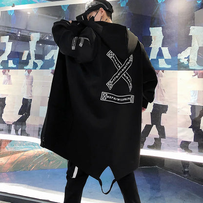 New Men Streetwear Black Jackets And Coats Hip Hop Harajuku Hooded Men's Windbreaker Overcoat Mens Clothing Outwear M-5XL