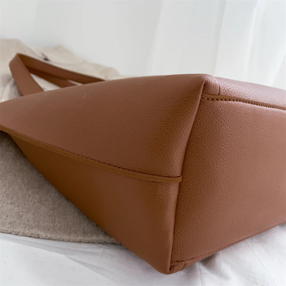 High Quality Soft Leather Woman Casual Tote Shopper Solid Color Handbags Large Capacity Single Shoulder Bag with Outer Pocket
