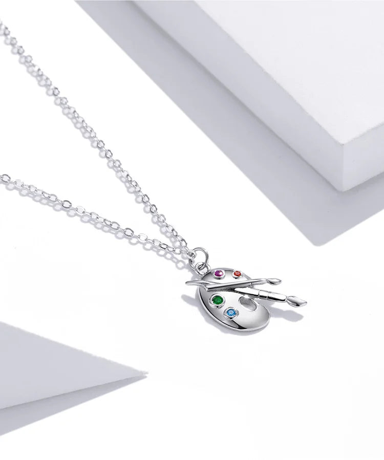 925 Sterling Silver Color Palette Necklace Chain Zircon Crystal Art Brush for Women Fine Statement Jewelry SCN457
